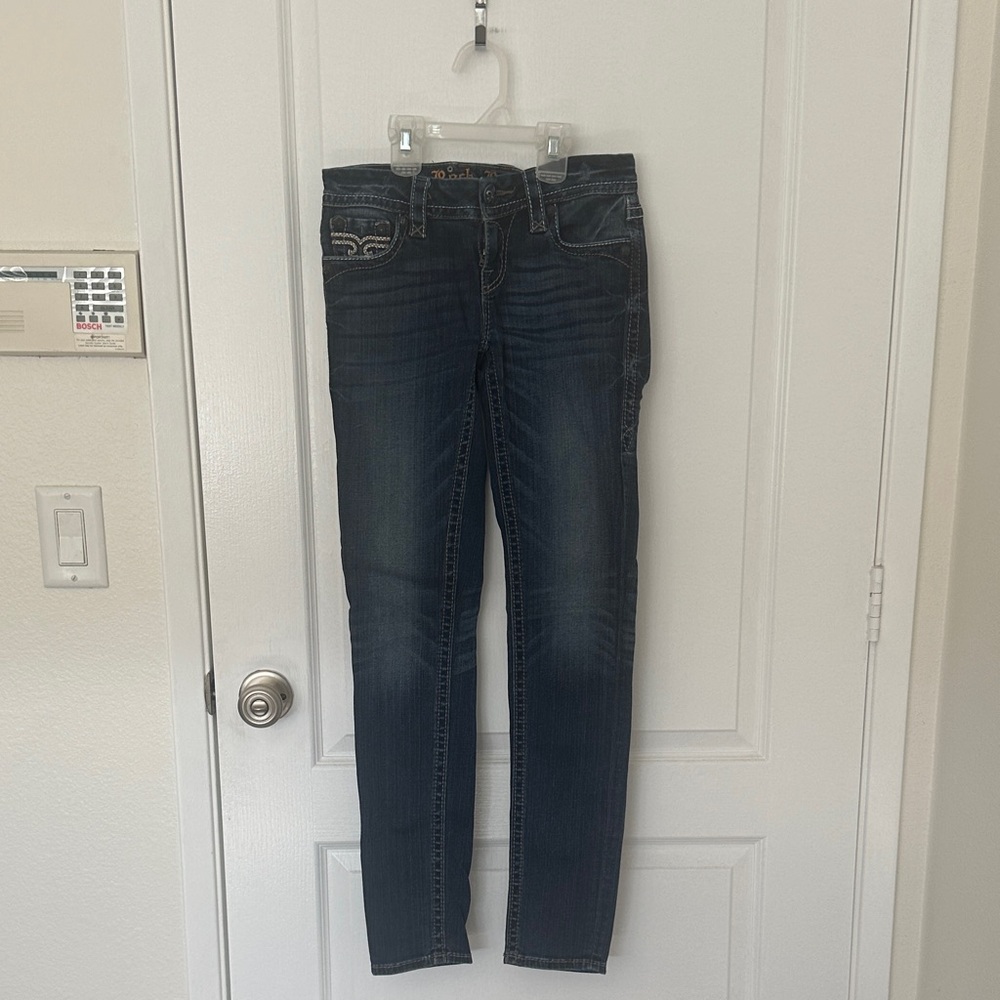 Women's Dark Rock Revival Blue Low Rise Skinny Jeans